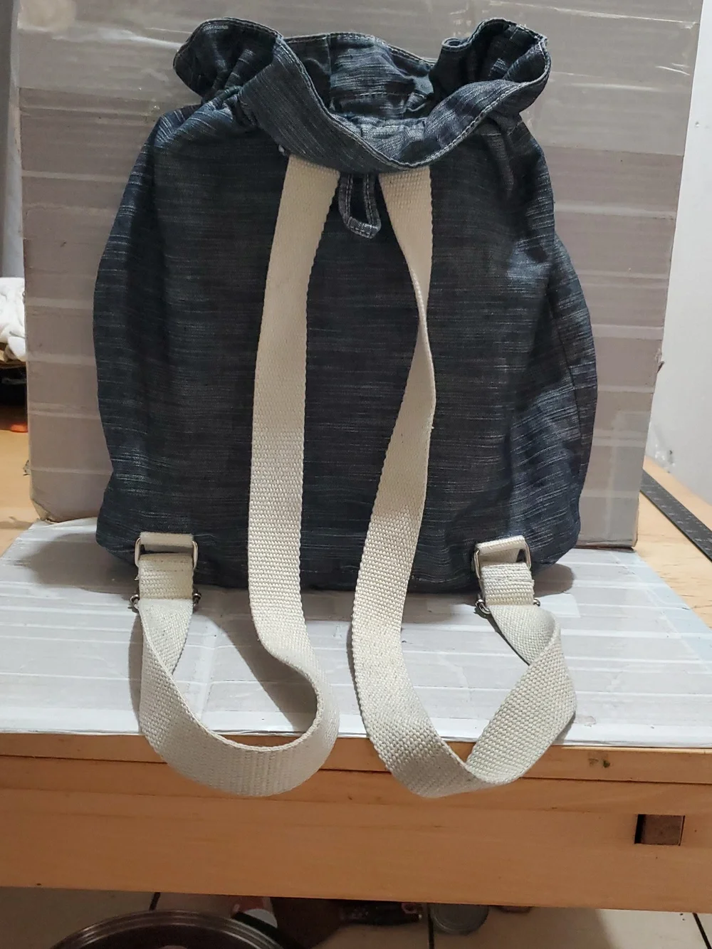 Denim-Look Drawstring Backpack with Cream Strap Details